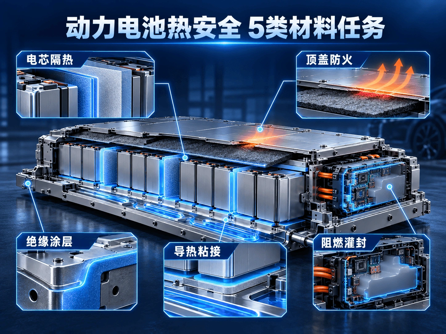 动力电池电芯隔热顶盖防火绝缘导热粘接阻燃灌封示意图