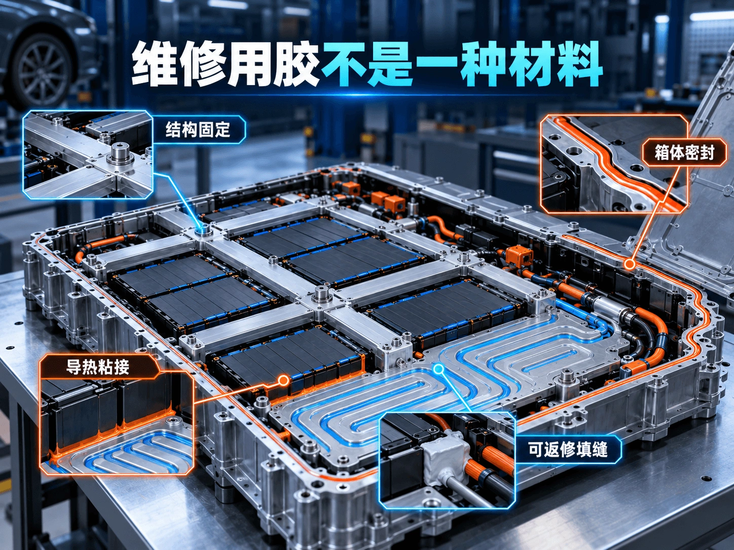 动力电池维修结构固定导热粘接可返修填缝与箱体密封示意图