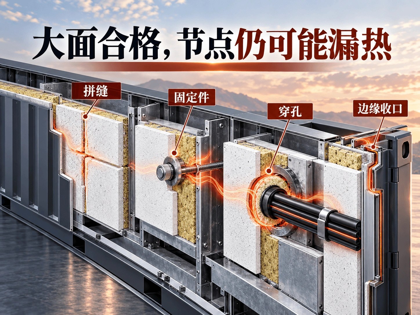 储能舱阻燃隔热板拼缝固定件穿孔和边缘收口节点示意