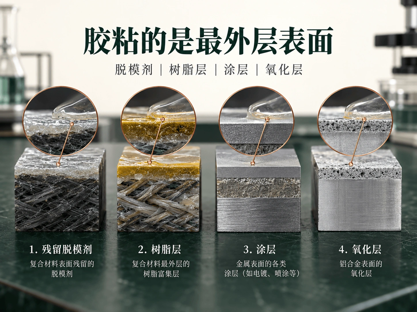 复合材料脱模剂树脂层与金属涂层氧化层粘接界面剖面图