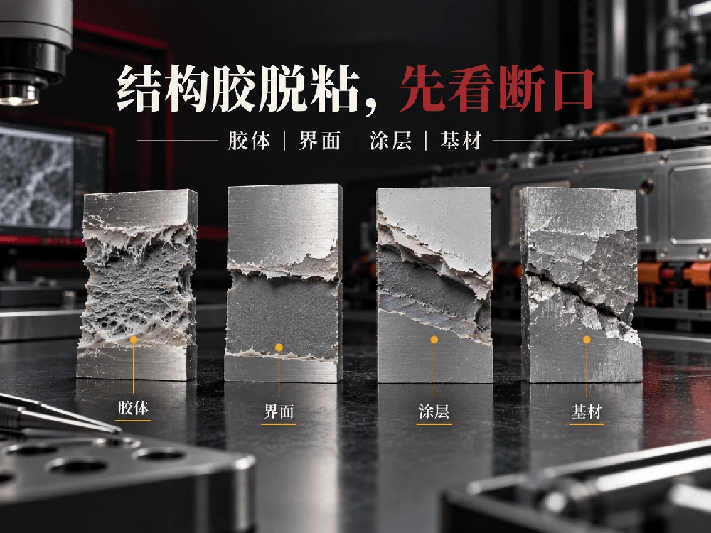 动力电池结构胶胶体界面涂层和基材四种脱粘断口分析图
